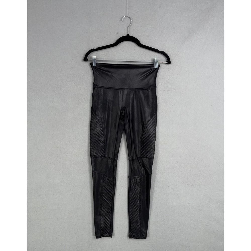 Spanx Leggings Womens Medium Black Faux Leather Moto High Rise Shaping Ankle